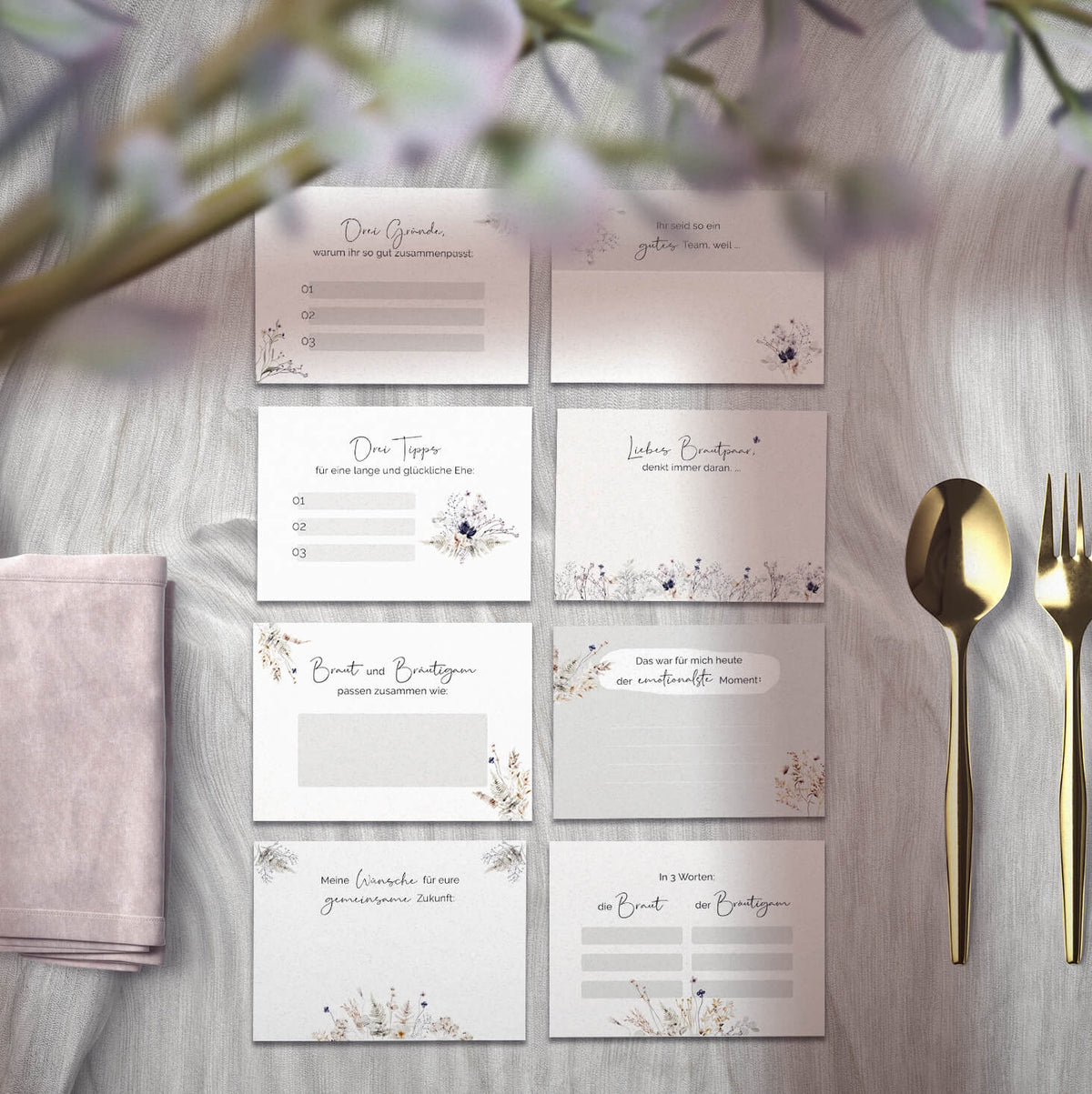 20 Gästebuch-Karten für die Hochzeit in DIN A7 | kreative Fragekarten | Boho Hochzeit Greenery